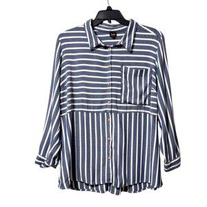 Lee Women’s 2X Navy Blue & White Striped Button Front Blouse | Soft Rayon Top
